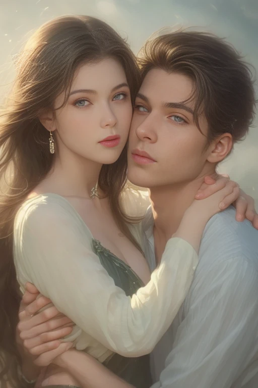 High-quality image of a couple: a blond men (tall, statuesque, handsome, courageous young man with blue eyes, curly golden hair, dressed in a gray antique military uniform) he hugs a woman with a black hair (a fantastically beautiful young femme fatale with long straight black hair, long bangs, she has blackberry eyes, she is a princess, on she has a romantic dress and a tiara). They are in love with each other. The sketches of the "Ideal Anatomy" made by Boris Vallejo are characterized by a high degree of detail. Masterpiece, detailed study of the face, beautiful face, beautiful facial features, perfect image, realistic shots, detailed study of faces, full-length image, 8k, detailed image, extremely detailed illustration, a real masterpiece of the highest quality, with careful drawing.

Watercolor