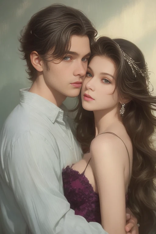 High-quality image of a couple: a blond men (tall, statuesque, handsome, courageous young man with blue eyes, curly golden hair, dressed in a gray antique military uniform) he hugs a woman with a black hair (a fantastically beautiful young femme fatale with long straight black hair, long bangs, she has blackberry eyes, she is a princess, on she has a romantic dress and a tiara). They are in love with each other. The sketches of the "Ideal Anatomy" made by Boris Vallejo are characterized by a high degree of detail. Masterpiece, detailed study of the face, beautiful face, beautiful facial features, perfect image, realistic shots, detailed study of faces, full-length image, 8k, detailed image, extremely detailed illustration, a real masterpiece of the highest quality, with careful drawing.
Watercolor
