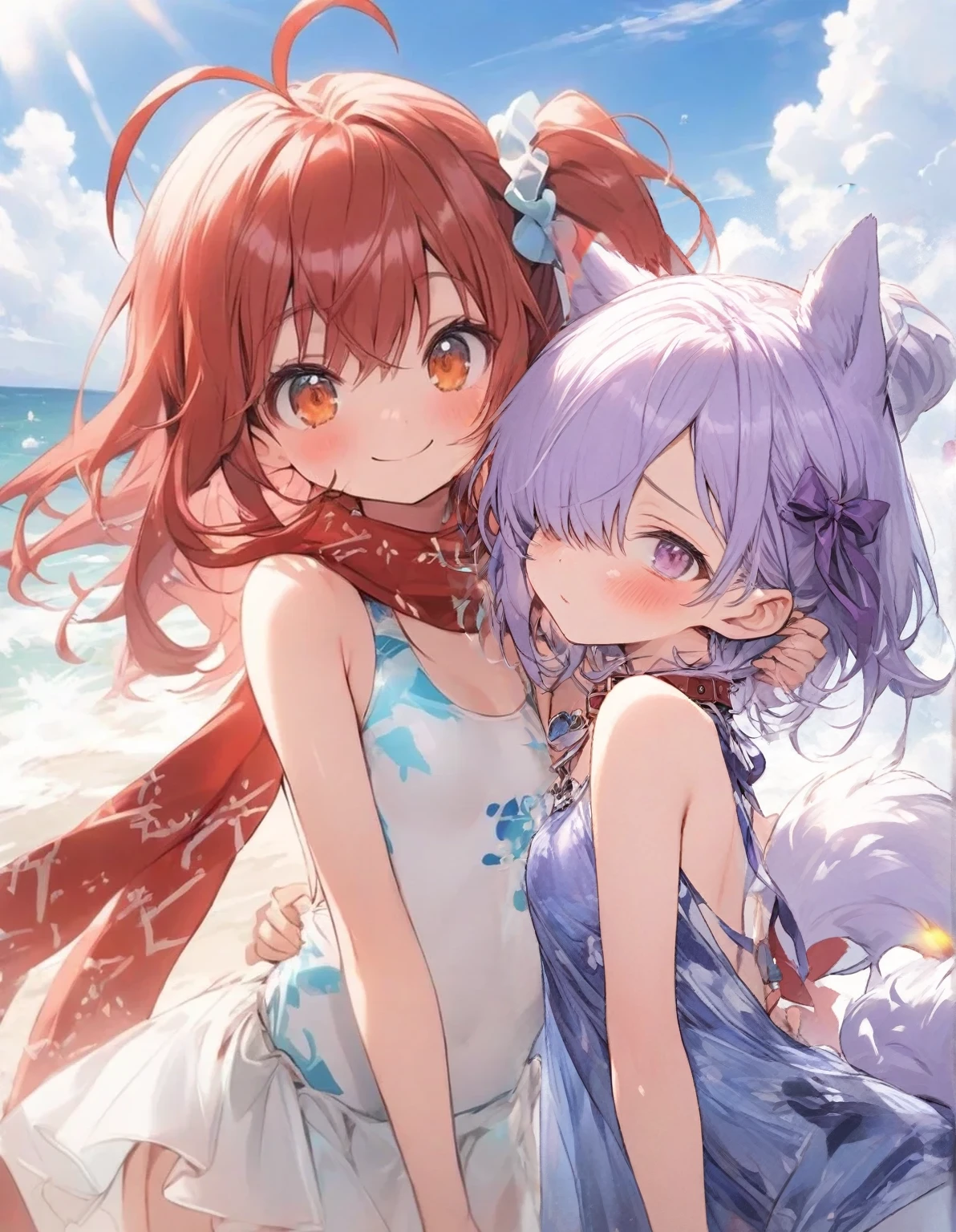 purple ribbon,,,heart_brooch,{masterpiece), best quality, illustration, (1girl), , expressionless,,, (small breasts:1.5).rib, flat chest, ,,(purple hair:1.25),,bags_under_eyes,, (hair over one eye:1.25),,, , jimiko, long hair,big hair, {{shaded face}},, , {shaded face}, ,1girl, wince,,, darkness, dog ears,dog tail, collar,purple swimsuit,pareo,,blush,