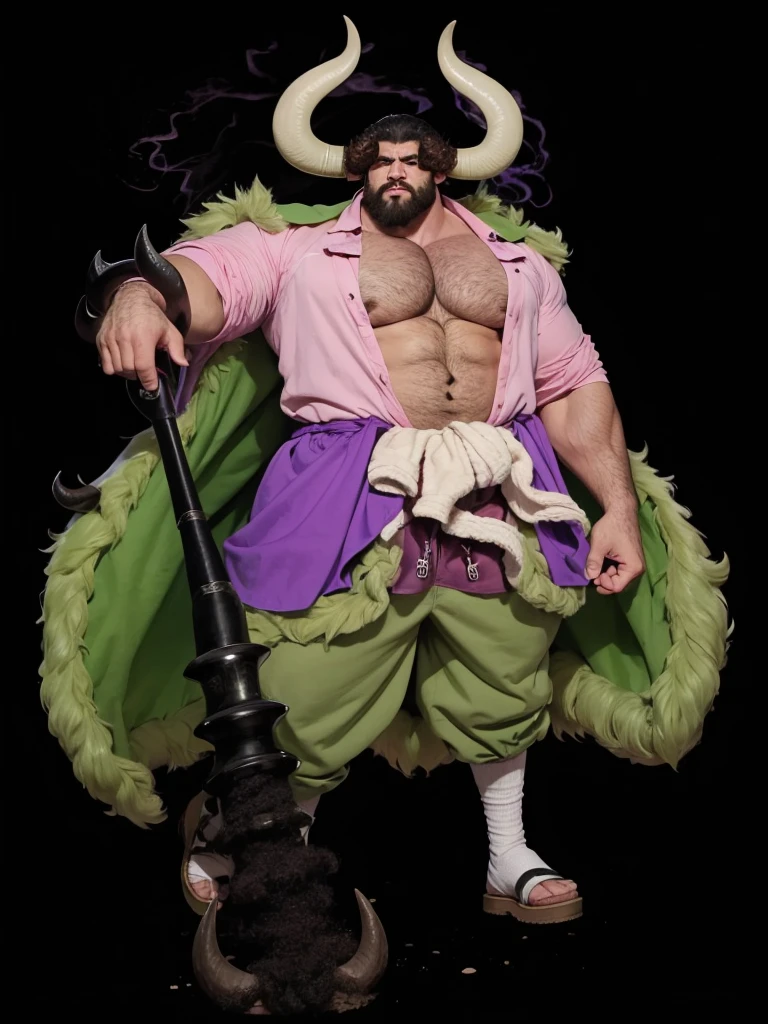 A big strong man, big curly hair, with bull horns on his head, with beard, pink shirt, short verde, furry green coat, a pot in the right hand.