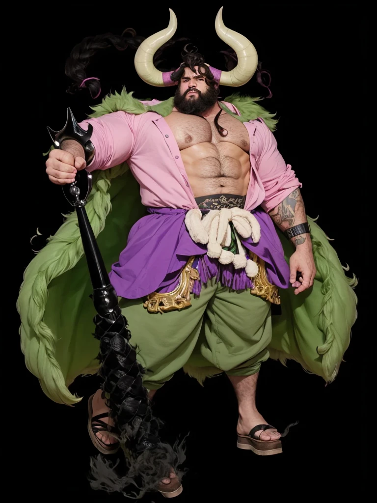 A big strong man, big curly hair, with bull horns on his head, with beard, pink shirt, short verde, furry green coat, a pot in the right hand.