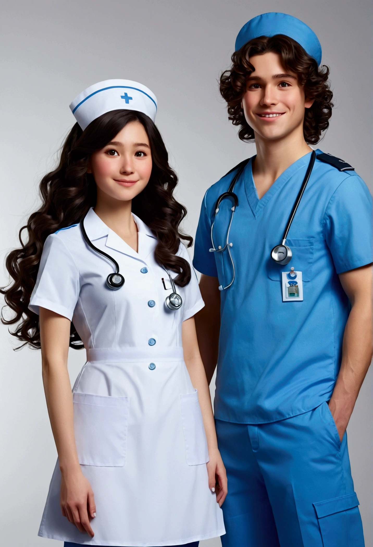 a couple of disney pixar style nurses, high quality, nurse with long brown hair and white uniform (((curly black hair boy in blue uniform ))