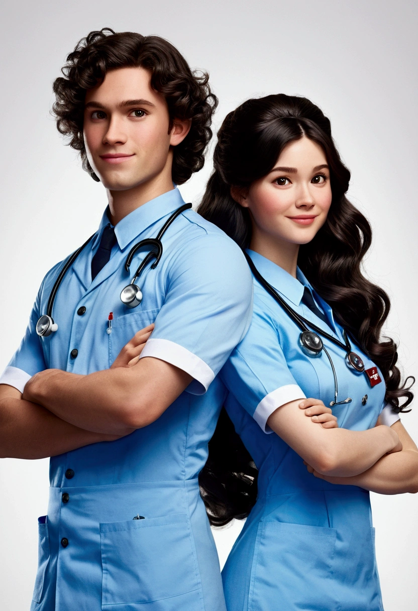 a couple of disney pixar style nurses, high quality, nurse with long brown hair and white uniform (((curly black hair boy in blue uniform ))