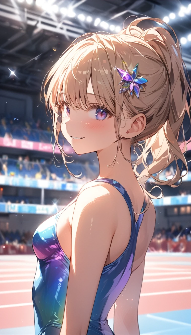 expensivequality illustration, masterpiece, Very delicate and beautiful, Attractive girl,(Gymnastics leotard, Floral print leotard,キラキラ輝く装飾が施されたLong sleeve leotard,expensive_Leg leotard,athletic leotard,tight-fitting leotard,Rainbow gradient leotard,Long sleeve leotard),thin,Slender body,slim,expensive school,Gymnasium background,Gymnastics Club,Gymnast,Princess, Beautiful Eyes,A light smile,(masterpiece, Highest quality:1.2), expensiveres, Highly detailed CG Unity 8k wallpaper, Perfect lighting, colorful, ultra-expensive res,4K,Super detailed, photograph, 8k, High resolution, 17 years old, whole body,