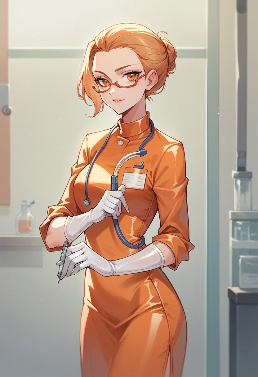 1girl, ((white elbow gloves)), ((surgical gloves)), ((latex gloves)), ((long sleeves)) ((orange surgeon outfit)), looking at viewer, ((orange doctor outfit)), standing, solo