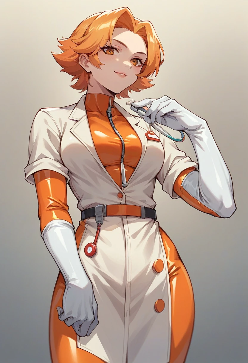 1girl, ((white elbow gloves)), ((surgical gloves)), ((latex gloves)), ((long sleeves)) ((orange surgeon outfit)), looking at viewer, ((orange doctor outfit)), standing, solo