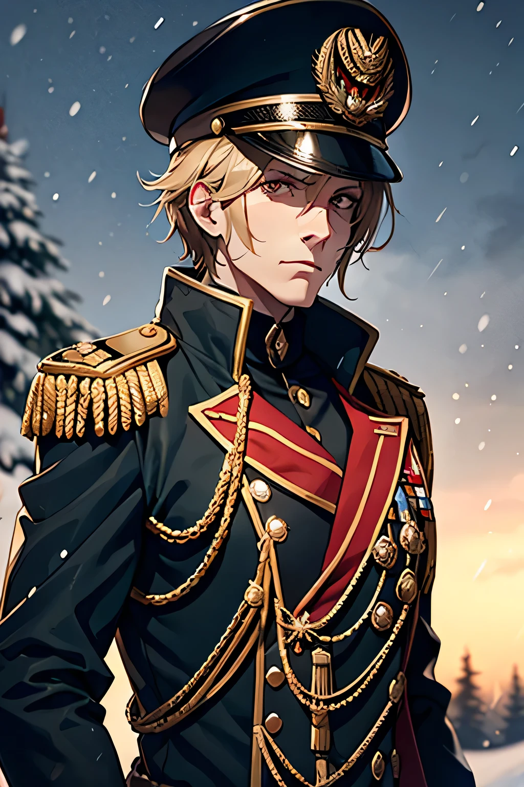 warhammer_40k_commissar, man, black uniform, ((snowstorm)) forest, red sash, ((middle-age, wrinkles, eyebags)) AS-Elderly, general