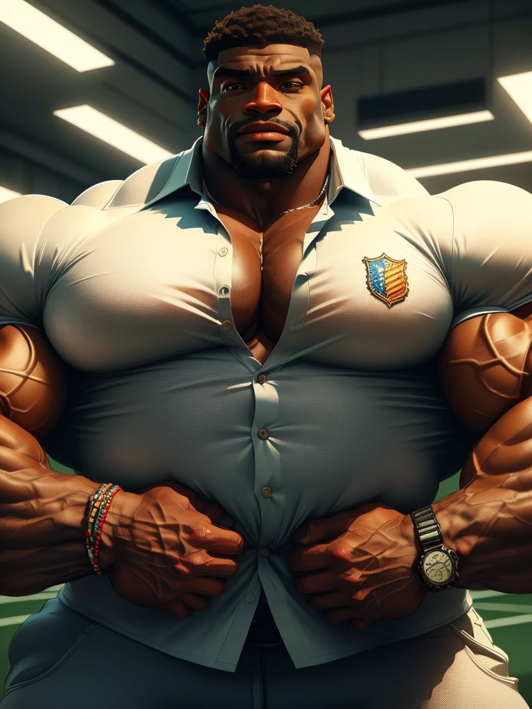 Ronnie Coleman, an exaggeratedly muscular and large bodyguard, Robust construction, barba, dark-skinned African-American man, short hair with square line, (wearing unbuttoned shirt 1.2), sports logo patch on shirt, (bara pecs: 1.3), (arm and chest hair: 1.1), retrato em close-up HD, (sports facility)