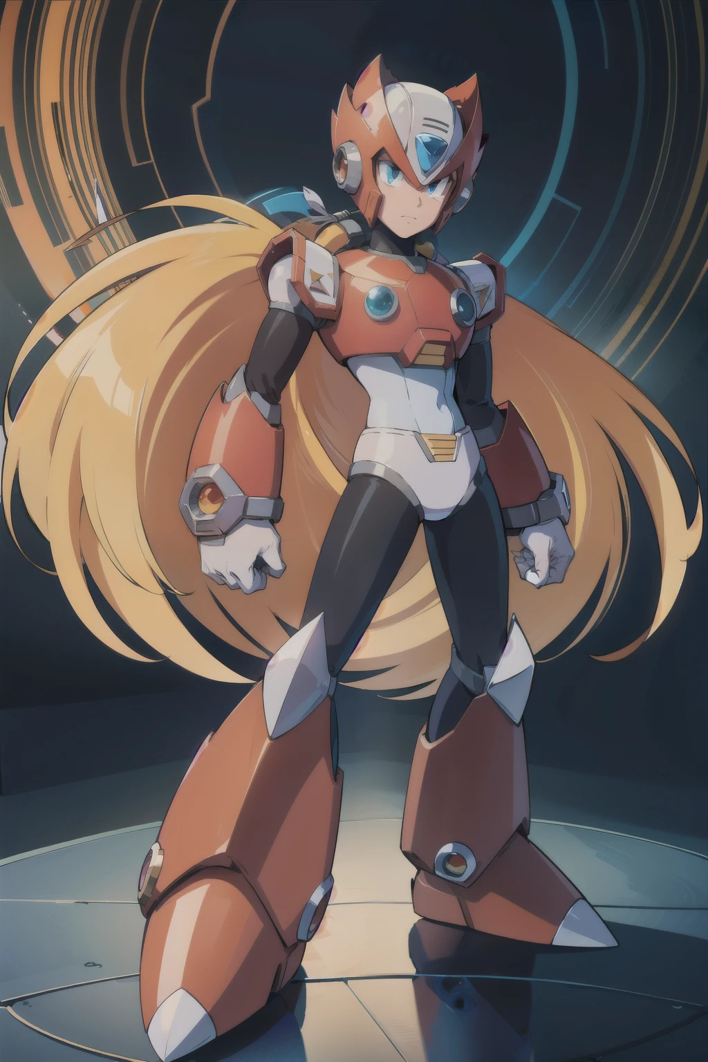 (anime style),(man, handsome and clearly image,masterpiece,cg,best quality,highres, extremely beautiful and fitness,good anatomy:1.3 ),(detailed eyes),perfect face,powerful,manly,1boy,zero_megamanx, blue eyes, blonde hair, ponytail, very long hair, long hair, helmet, android, male focus, full body, facing viewer, dynamic pose,science fiction, impacted,dramatic,detailed background,