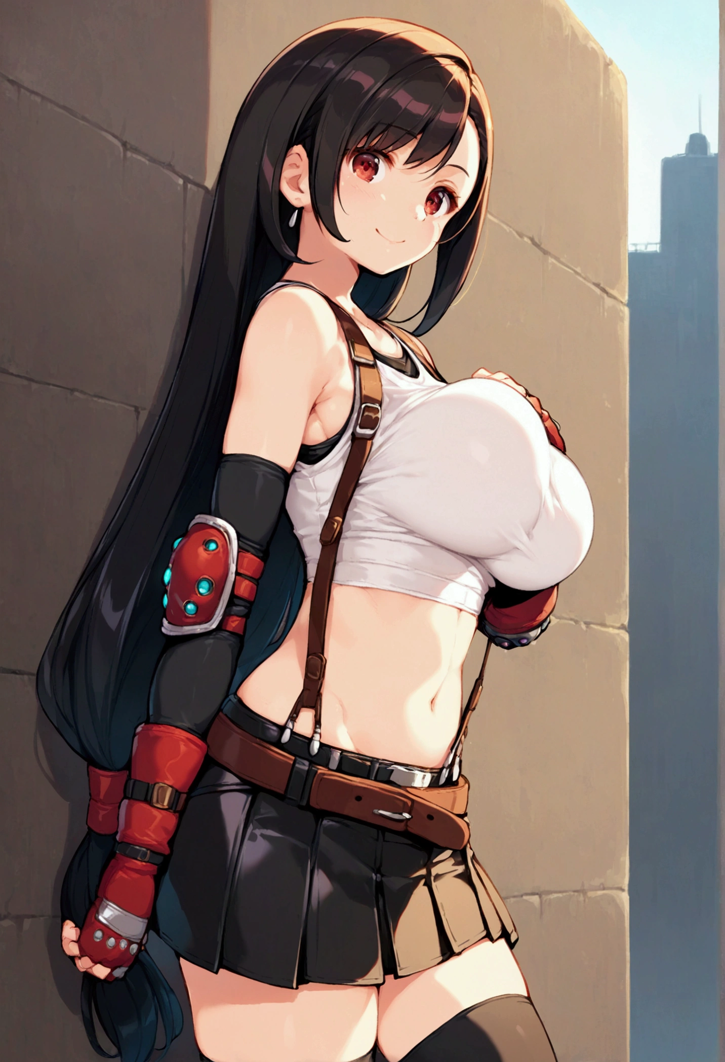 (score_9, score_8_up, score_7_up),,BREAK , ,dynamicangle,,breast side view,breast press,,standing,leaning on wall. upperbody,,Solo ,1girl, tifa lockhart, final fantasy, tareme,black hair, low-tied long hair, red eyes, bangs, (white tank top, belt, pleated skirt, thighhighs, elbow fingerless gloves, elbow pads, midriff, navel,suspender skirt) ,(large_breast),(light smile),daytime,outdoor,(ultra detailed),(best quality),(aesthetic,very aesthetic),UHD,extremely detailed CG unity 8k wallpaper,depth of field,,,detailed face and eyes