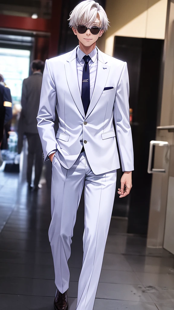 at an event in an elegant white suit