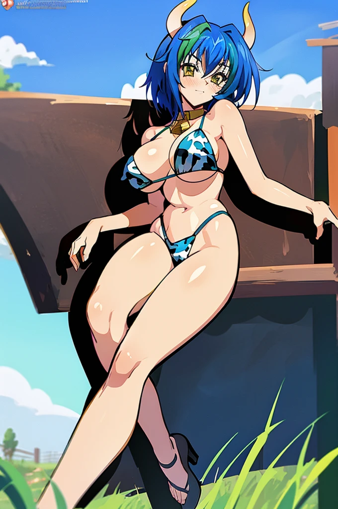 (Xenovia_Quarta, high school dxd, short hair, multicolored hair, blue hair, green streak hair, (breasts, big breasts), eyes, yellow eyes, thurime, beautiful face, 18 years old, nice hands, perfect hands)

(crawling on the ground, smilling, blush)

(outfit: cow bikini, cow print bikini, cow ears, cowbell, cow horns, bare legs, high heels)

(background: farm, grass field, sunny day, clouds, farm house, wood fence, farm fence)

(((masterpiece, high quality, best illustration, high resolution, 1girl, solo)))