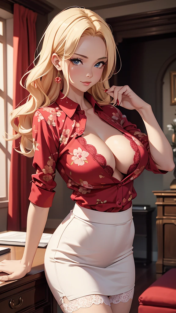 (Masterpiece), (4k), ) (vivid colors), (evening light) 40 year old blonde woman, dressed as a successful MILF businesswoman with a seductive pose and look dressed in a low-cut red blouse with part of her white lace bra sticking out, a short black floral skirt in the living room of her horny house