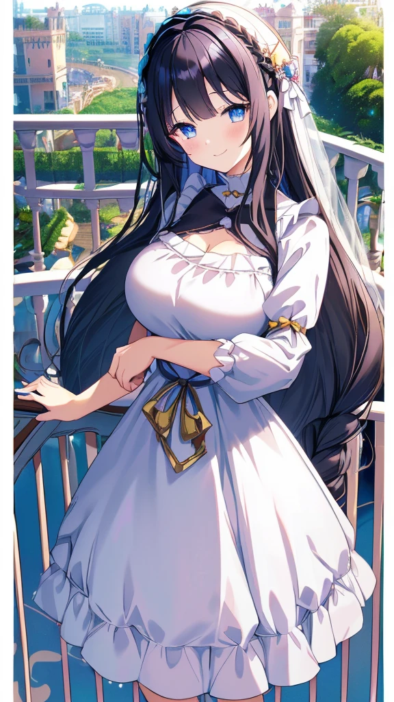 best quality, extremely detailed,anime style girl,long hair down to the waist, straight hair, ((dark black hair with bluish)),braid,beautiful detailed eyes, pinched eyes, (dark blue eyes),huge breasts,curvy,((((white main western cutie brightly colored princess dress)))),clothing with complex patterns,hair ornament,smile,((((balcony in garden)))),((pov))