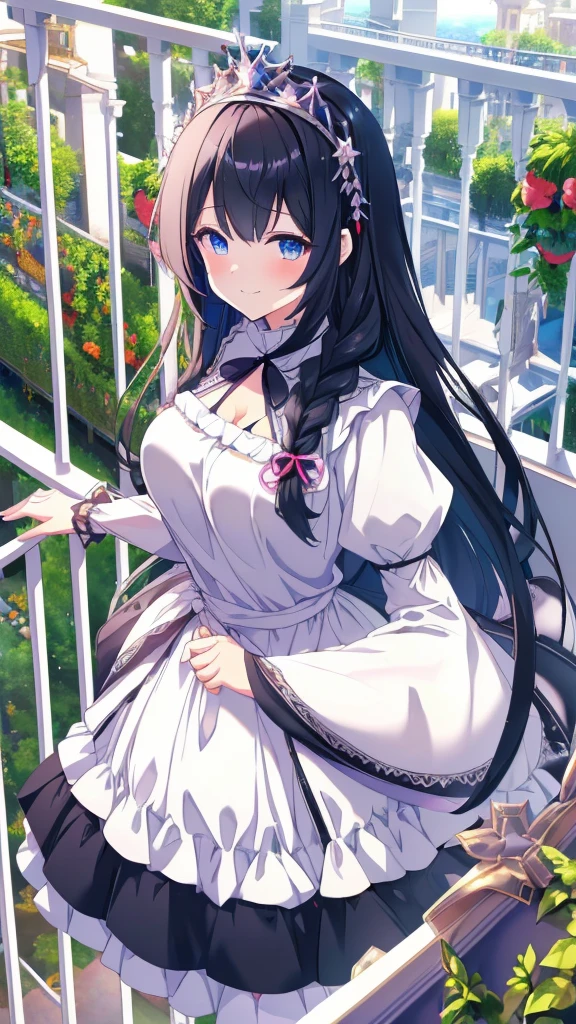 best quality, extremely detailed,anime style girl,long hair down to the waist, straight hair, ((dark black hair with bluish)),braid,beautiful detailed eyes, pinched eyes, (dark blue eyes),huge breasts,curvy,((((white main western cutie brightly colored princess dress)))),clothing with complex patterns,hair ornament,smile,((((balcony in garden)))),((pov))