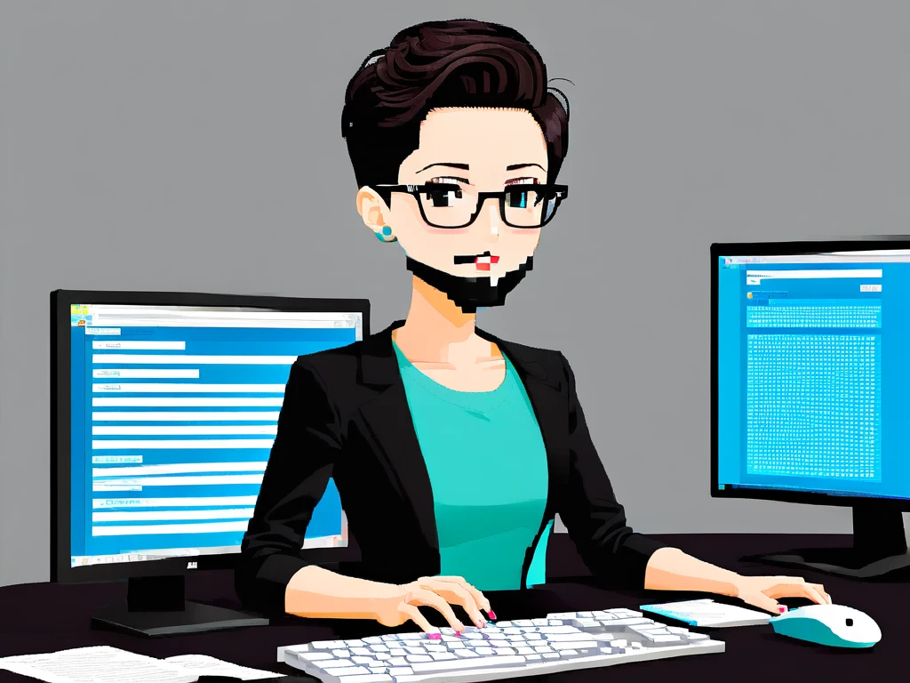 brunette programmer with short beard, glasses, blackw, AND VERY SHORT HAIR, Using the computer