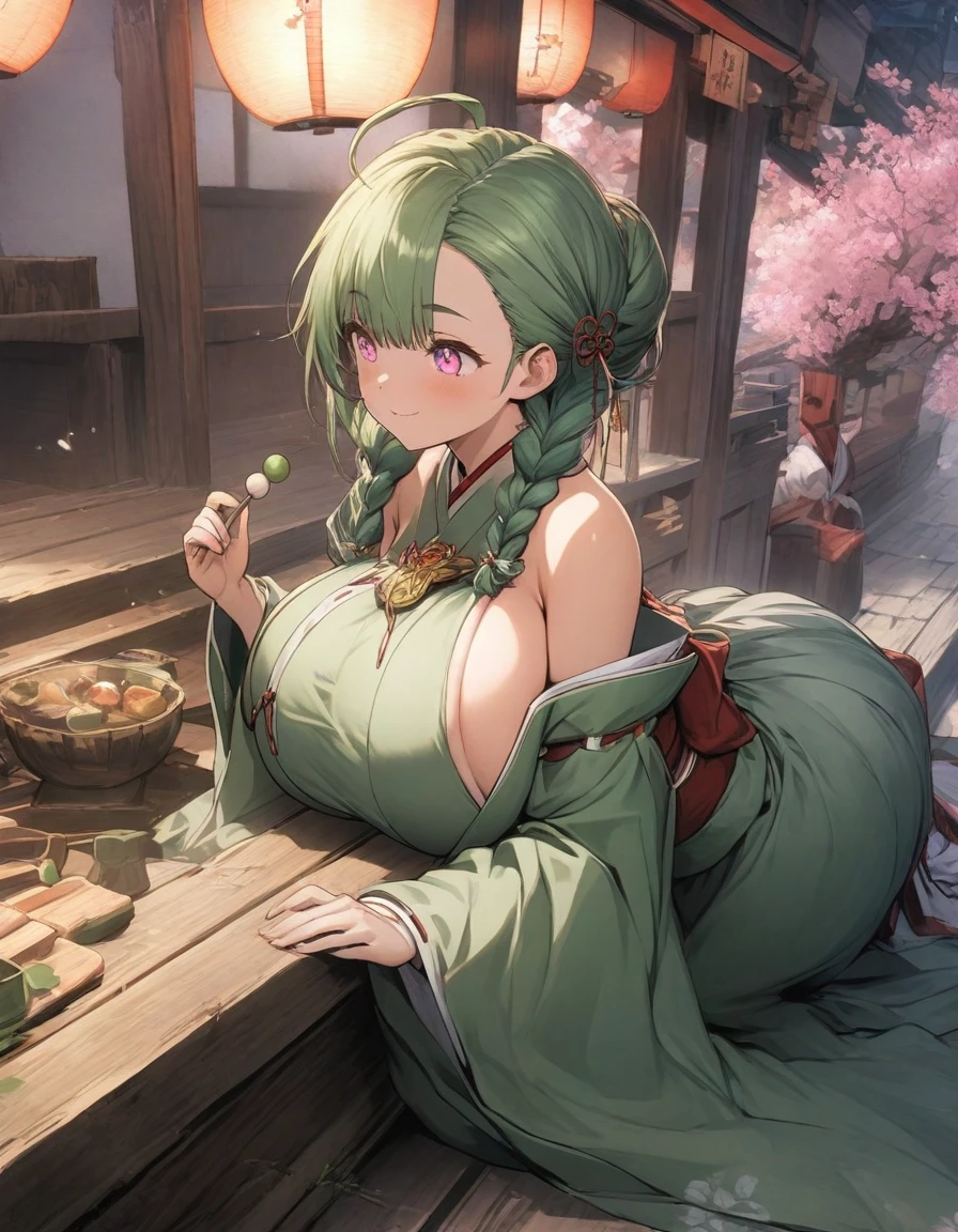 (EDO period:1.1),(Japanese tradition:1.2),Japanese teahouse、Wooden bench、sitting,from side,full body,dynamic angle,(green kimono:1.25),snap shot,,edo street,outdoor,,{{,game CG,high quality game CG},(1girl:1.25),{{masterpiece}}, {{{best quality}}}, {{ultra-detailed}},{{illustration}},,,,frills,frilled sleeves,frilled skirt,thick eyebrows,,,(21 years old:1.25),{{{brooch}}},medium hair, wavy hair, asymmetrical bangs,(twin braids:1.2),Bun hair,、 (green hair:1.1), , huge ahoge, light smile, thick_eyebrows, bare_shoulders,,(gigantic breasts:1.25), (pink eyes:1.25), flower, elbow_gloves,sleeves_past_wrists, obi,,(miko:1.25), skindentation, strapless, floral_print, ,(flower-shaped pupils:1.25),long sleeves, wide sleeves, japanese sleeves,,dango,green tea,
