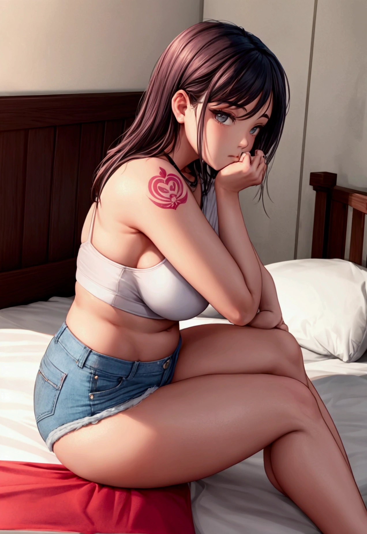 There's a woman sitting on the floor taking a picture of herself, cute face with arms and legs, exposed thicc thighs!!!, Attractive posing, sutiã e shorts streetwear, 2 female model, thicc thighs!!!!!!, profile image, Sitting in bed, pose sexy, with tattoos, very pose sexy, sitting on a bed, posing on bed, satisfied pose