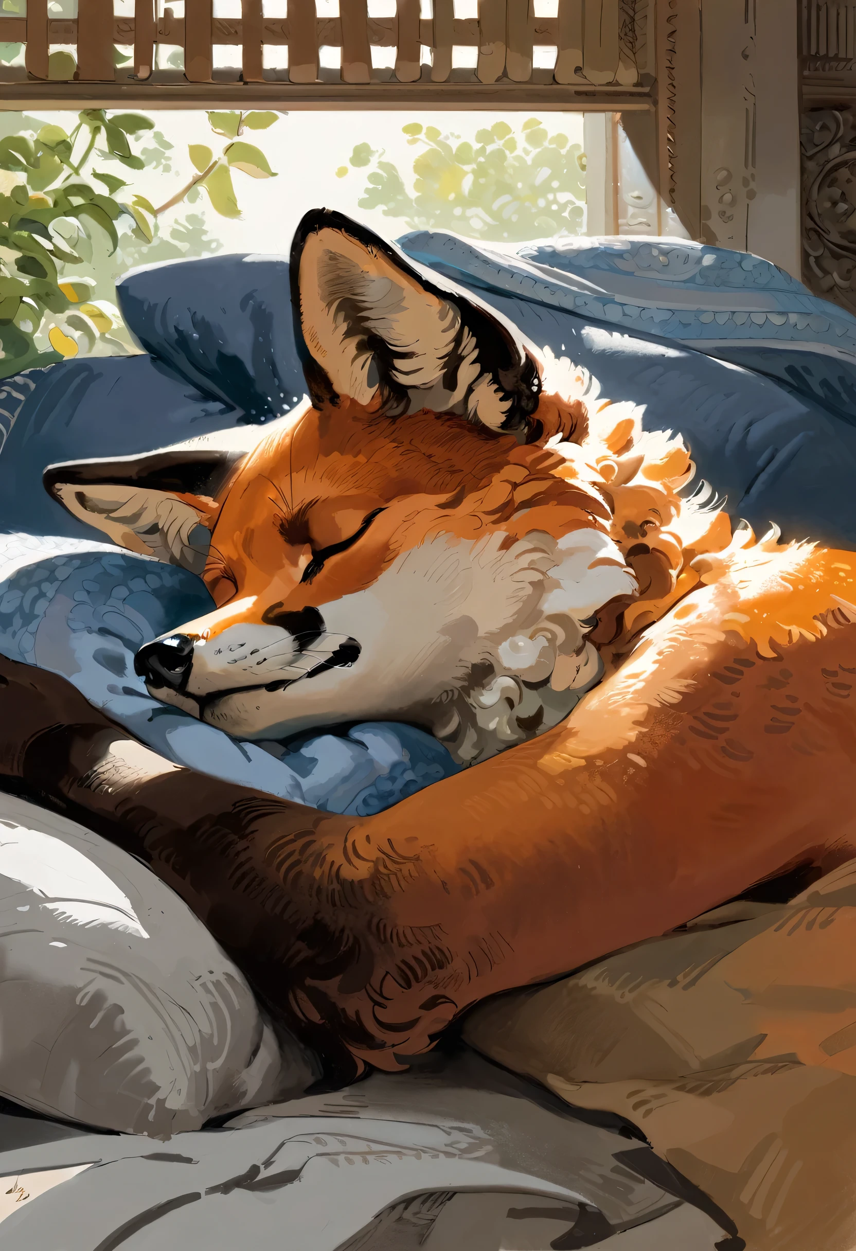 (Fox), solo, male, (anthro), (by seyorrol), ((intricate detailed background, bedroom background)), realistic shading, (epic, masterpiece, high quality, 8k, ultra HD, absurd res, top quality, best quality, max quality, masterpiece), (feminine body), (correct :1.2), snout, asleep, sleeping, ((dynamic lighting)), detailed fur, extreme close up on face,