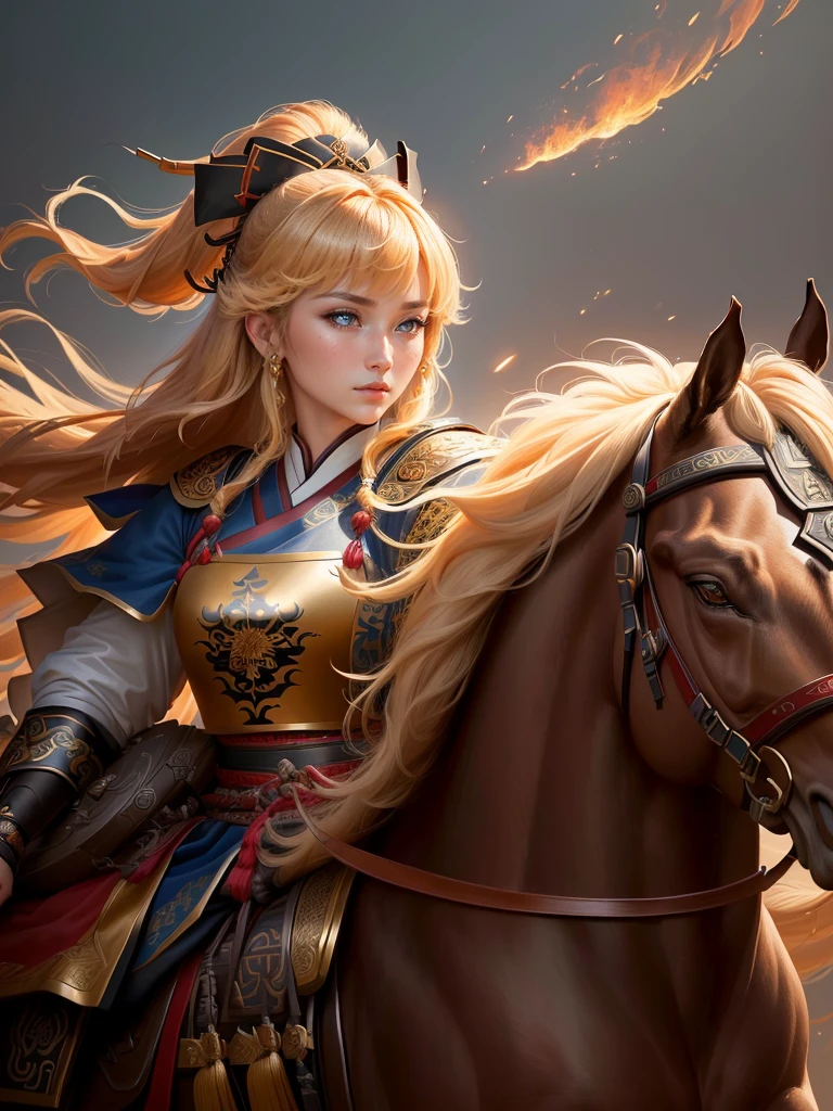 a close up of a woman with a bow and a bow on a horse, mongol, guan yu, genghis khan, inspired by Hu Zaobin, chinese warrior, zhao yun, photo of genghis khan, bian lian, inspired by Wu Bin, inspired by Huang Shen, inspired by Cao Zhibai, feng shu, chinese three kingdoms, yang qi, Highly detailed CG unit 8k wallpaper, masterpiece, High resolution, highest quality, highest quality real texture skin, Super Real, Digital Painting, Best image quality, 最High resolution, 8k, (((Highly detailed eyes and face, Beautiful eyes every detail))), profile, light brown hair, 