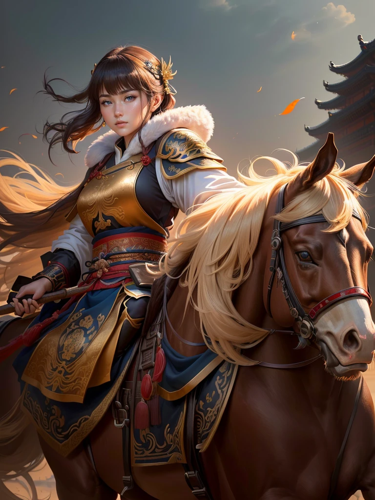 a close up of a woman with a bow and a bow on a horse, mongol, guan yu, genghis khan, inspired by Hu Zaobin, chinese warrior, zhao yun, photo of genghis khan, bian lian, inspired by Wu Bin, inspired by Huang Shen, inspired by Cao Zhibai, feng shu, chinese three kingdoms, yang qi, Highly detailed CG unit 8k wallpaper, masterpiece, High resolution, highest quality, highest quality real texture skin, Super Real, Digital Painting, Best image quality, 最High resolution, 8k, (((Highly detailed eyes and face, Beautiful eyes every detail))), profile, light brown hair,