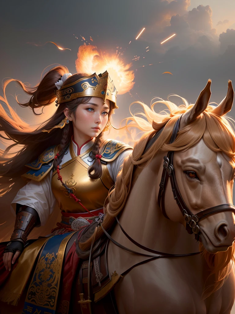 a close up of a woman with a bow and a bow on a horse, mongol, guan yu, genghis khan, inspired by Hu Zaobin, chinese warrior, zhao yun, photo of genghis khan, bian lian, inspired by Wu Bin, inspired by Huang Shen, inspired by Cao Zhibai, feng shu, chinese three kingdoms, yang qi, Highly detailed CG unit 8k wallpaper, masterpiece, High resolution, highest quality, highest quality real texture skin, Super Real, Digital Painting, Best image quality, 最High resolution, 8k, (((Highly detailed eyes and face, Beautiful eyes every detail))), profile, light brown hair,