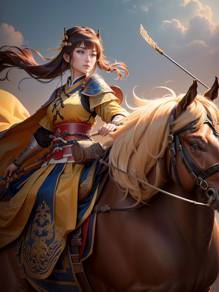 a close up of a woman with a bow and a bow on a horse, mongol, guan yu, genghis khan, inspired by Hu Zaobin, chinese warrior, zhao yun, photo of genghis khan, bian lian, inspired by Wu Bin, inspired by Huang Shen, inspired by Cao Zhibai, feng shu, chinese three kingdoms, yang qi, Highly detailed CG unit 8k wallpaper, masterpiece, High resolution, highest quality, highest quality real texture skin, Super Real, Digital Painting, Best image quality, 最High resolution, 8k, (((Highly detailed eyes and face, Beautiful eyes every detail))), profile, light brown hair, 