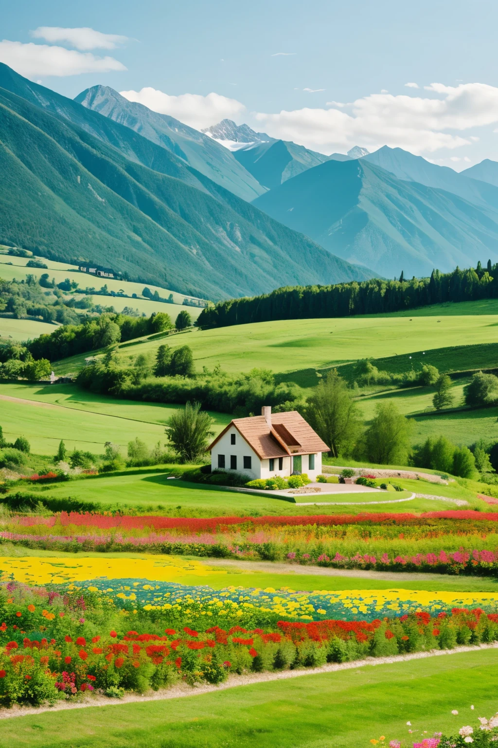 house in the middle of a green landscape with flowers and mountains around it without any house around it