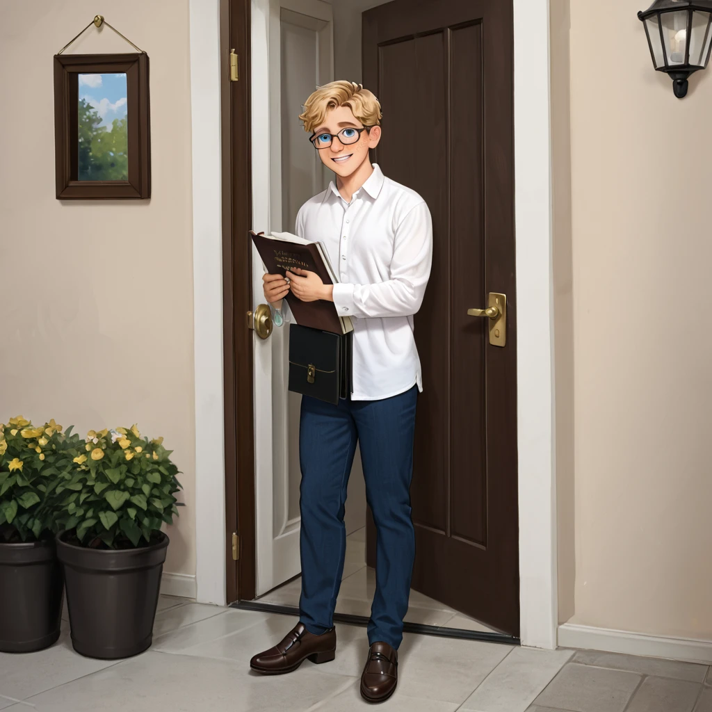 1 boy, solo, twink, younger male, 18 years old, freckles, blue eyes, blonde, glasses, shy smile, white shirt, holding a bible, dress pants, fancy shoes, standing in front of a door, exterior, standing in front of a door