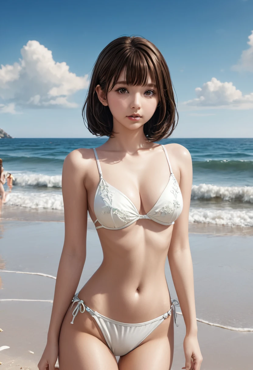 very cute and beautiful girl,(highly detailed beautiful face and eyes),white bikini,
standing,arms behind back,looking at viewer,beach,tropical resort hotel,(smile:1.2),black hair,
(best quality,masterpiece),absurdres,highres,ultra-detailed,extremely detailed,32k,
cinematic scene,detailed background,solo,dynamic angle, hair fluttering in the wind,beautiful detailed sky,