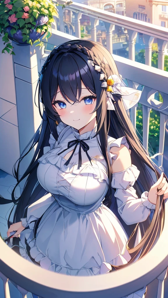 best quality, extremely detailed,anime style girl,long hair down to the waist, straight hair, ((dark black hair with bluish)),braid,beautiful detailed eyes, pinched eyes, (dark blue eyes),huge breasts,curvy,((((white main western cutie brightly colored princess dress)))),clothing with complex patterns,hair ornament,smile,((((balcony in garden)))),((((pov))))