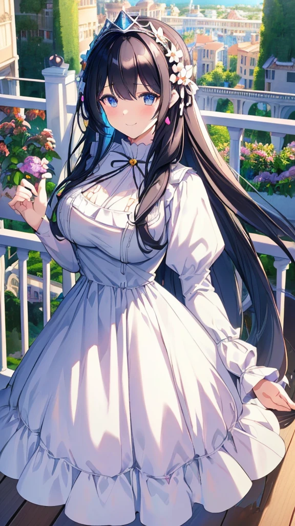 best quality, extremely detailed,anime style girl,long hair down to the waist, straight hair, ((dark black hair with bluish)),braid,beautiful detailed eyes, pinched eyes, (dark blue eyes),huge breasts,curvy,((((white main western cutie brightly colored princess dress)))),clothing with complex patterns,hair ornament,smile,((((balcony in garden)))),((((pov))))