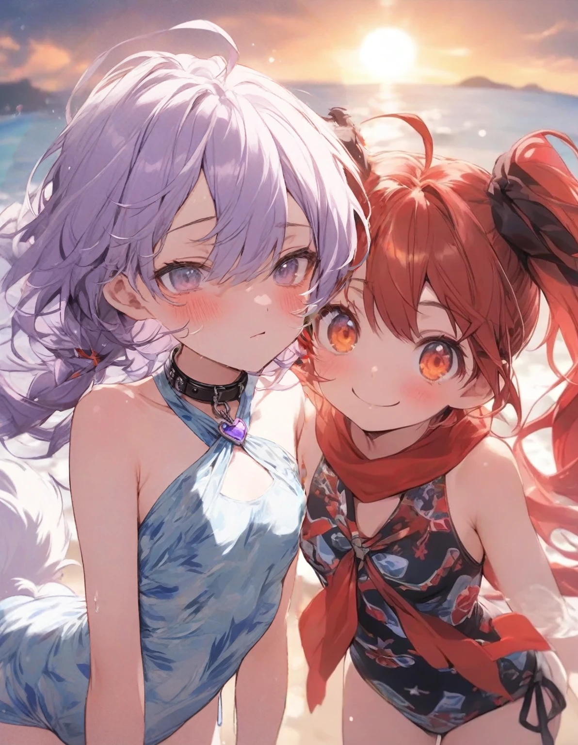 purple ribbon,,,heart_brooch,{masterpiece), best quality, illustration, (1girl), , expressionless,,, (small breasts:1.5).rib, flat chest, ,,(purple hair:1.25),,bags_under_eyes,, (hair over one eye:1.25),,, , jimiko, long hair,big hair, {{shaded face}},, , {shaded face}, ,1girl, wince,,, darkness, dog ears,dog tail, collar,purple swimsuit,pareo,,blush,