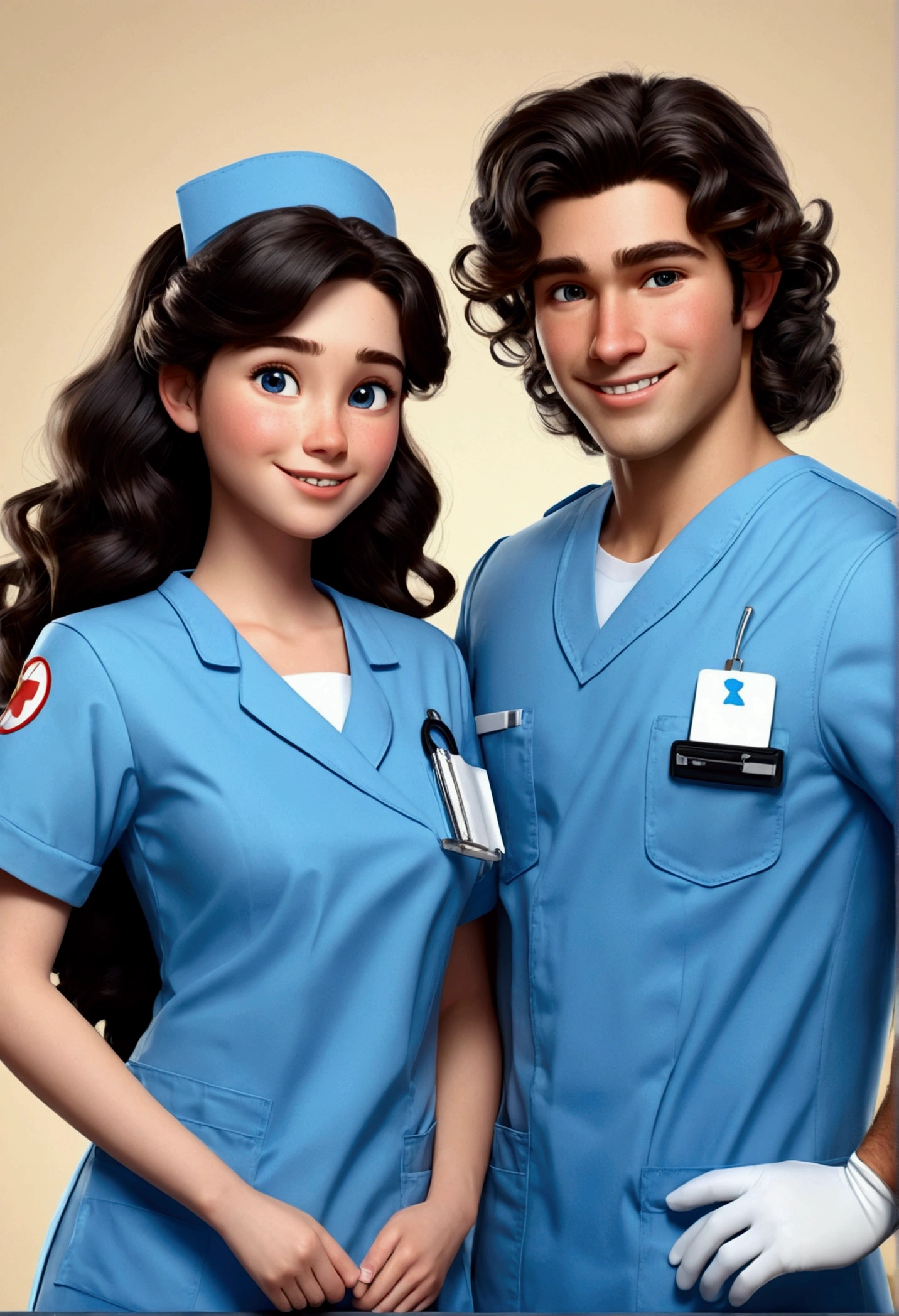 a couple of disney pixar style nurses, high quality, nurse with long brown hair and white uniform (((Mullet cut curly black hair boy wearing blue uniform))