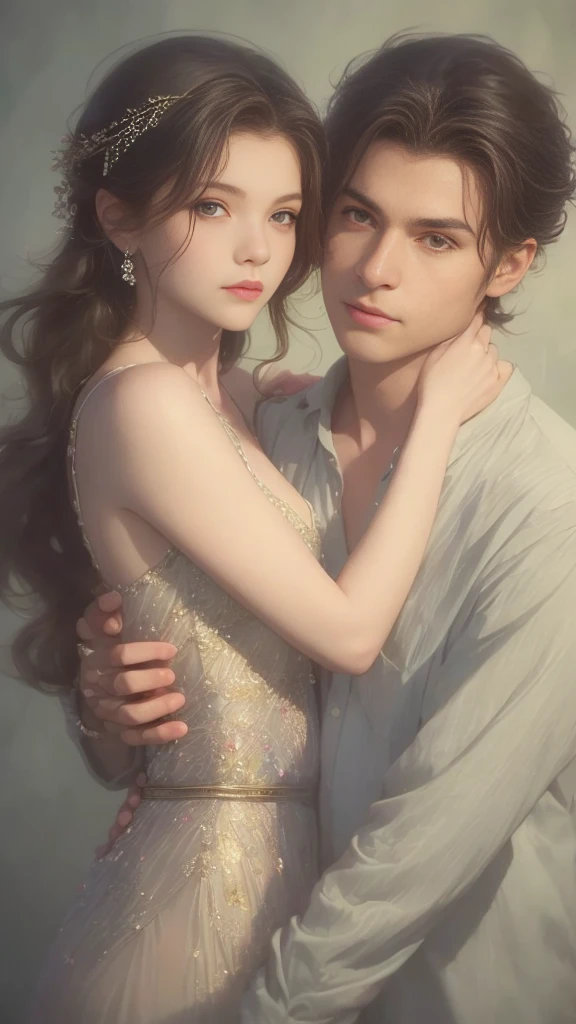High-quality image of a couple: a blond men (tall, statuesque, handsome, courageous young man with blue eyes, curly golden hair, dressed in a gray antique military uniform) he hugs a woman with a black hair (a fantastically beautiful young femme fatale with long straight black hair, long bangs, she has blackberry eyes, she is a princess, on she has a romantic dress and a tiara). They are in love with each other. The sketches of the "Ideal Anatomy" made by Boris Vallejo are characterized by a high degree of detail. Masterpiece, detailed study of the face, beautiful face, beautiful facial features, perfect image, realistic shots, detailed study of faces, full-length image, 8k, detailed image, extremely detailed illustration, a real masterpiece of the highest quality, with careful drawing.
Watercolor
