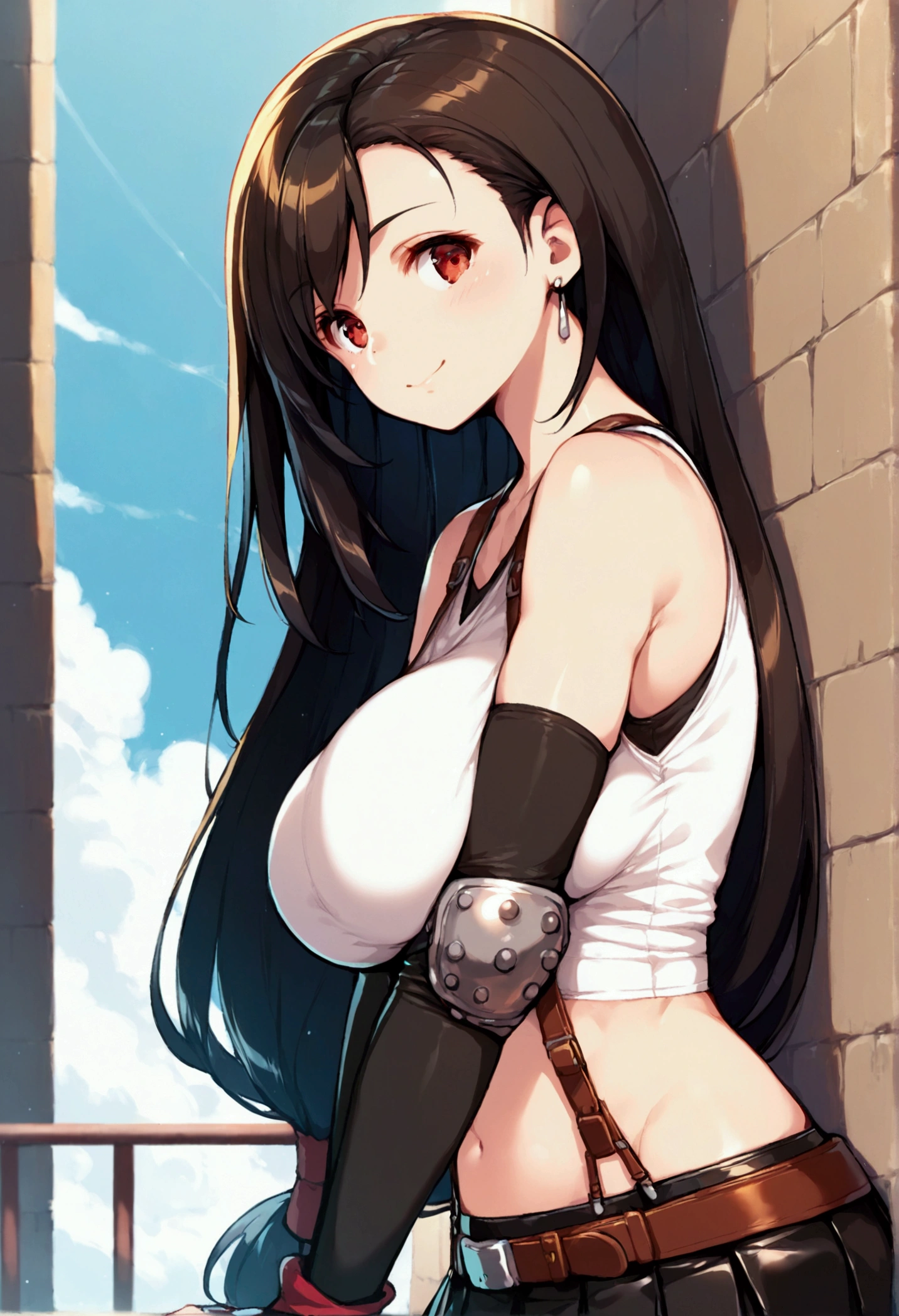 (score_9, score_8_up, score_7_up),,BREAK , ,dynamicangle,,breast side view,wall breast press,,standing,leaning on wall. upperbody,,Solo ,1girl, tifa lockhart, final fantasy, tareme,black hair, low-tied long hair, red eyes, bangs, (white tank top, belt, pleated skirt, thighhighs, elbow fingerless gloves, elbow pads, midriff, navel,suspender skirt) ,(large_breast),(light smile),daytime,outdoor,(ultra detailed),(best quality),(aesthetic,very aesthetic),UHD,extremely detailed CG unity 8k wallpaper,depth of field,,,detailed face and eyes