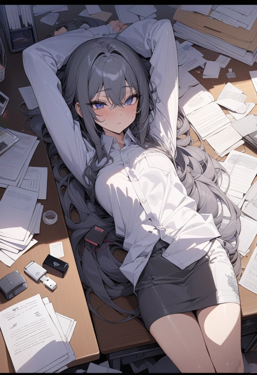 masterpiece, best quality, extremely detailed, ultra detailed, flat anime, 2D, Papers and USB flash drive are on the desk.