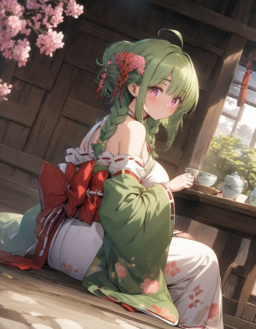 (EDO period:1.1),(Japanese tradition:1.2),Japanese teahouse、Wooden bench、sitting,from side,full body,dynamic angle,(green kimono:1.25),snap shot,,edo street,outdoor,,{{,game CG,high quality game CG},(1girl:1.25),{{masterpiece}}, {{{best quality}}}, {{ultra-detailed}},{{illustration}},,,,frills,frilled sleeves,frilled skirt,thick eyebrows,,,(21 years old:1.25),{{{brooch}}},medium hair, wavy hair, asymmetrical bangs,(twin braids:1.2),Bun hair,、 (green hair:1.1), , huge ahoge, light smile, thick_eyebrows, bare_shoulders,,(gigantic breasts:0.8), (pink eyes:1.25), flower, elbow_gloves,sleeves_past_wrists, obi,,(miko:1.25), skindentation, strapless, floral_print, ,(flower-shaped pupils:1.25),long sleeves, wide sleeves, japanese sleeves,,dango,green tea,
