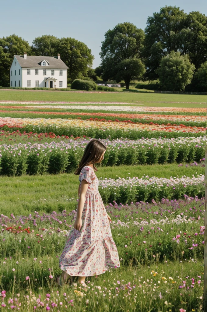 A field with flowers and a house in the distance, a girl in a dress among the flowers