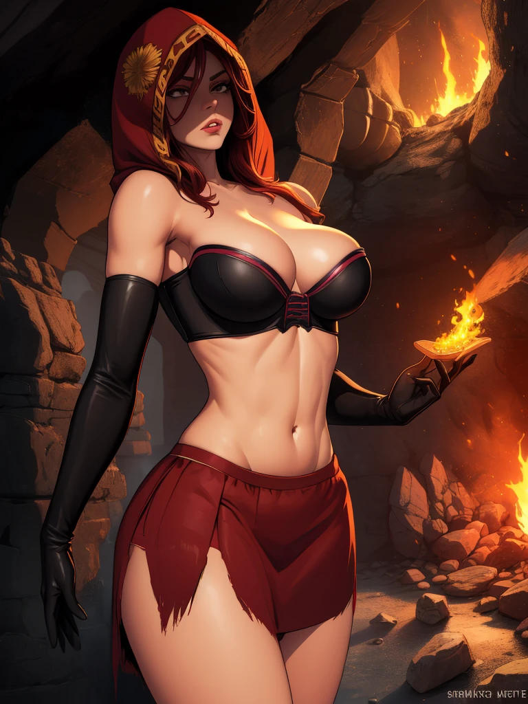 Dsorceress, redhair, shadowy face,dark cave, fire, hood, shadowed face, strapless bra, slim and athletic body, miniskirt, no panty, elbow gloves, dark skin, 1 girl (insanely detailed, masterpiece, best quality)
