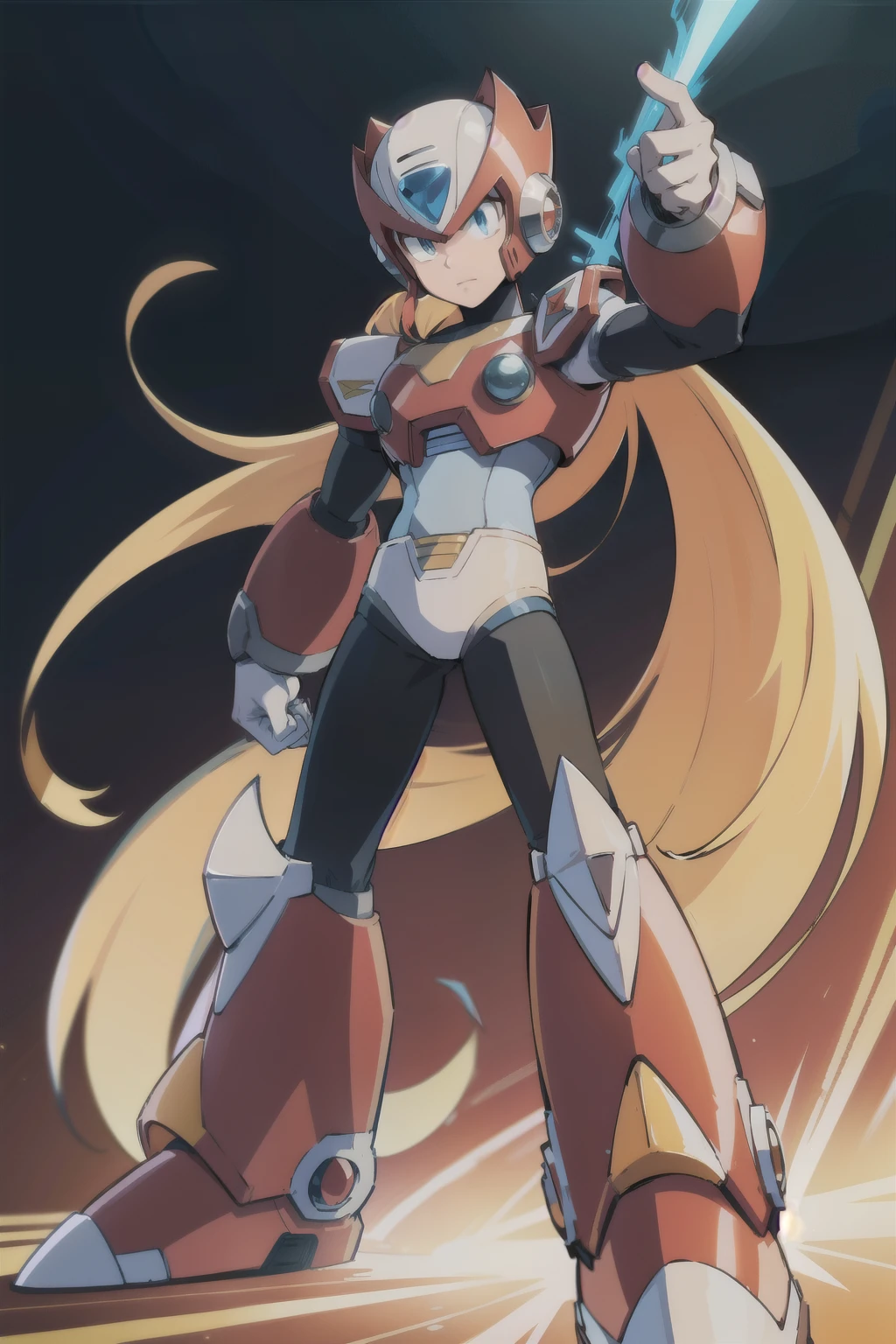 (anime style),(man, handsome and clearly image,masterpiece,cg,best quality,highres, extremely beautiful and fitness,good anatomy:1.3 ),(detailed eyes),perfect face,powerful,manly,1boy,zero_megamanx, blue eyes, blonde hair, ponytail, very long hair, long hair, helmet, android, male focus, full body, facing viewer, dynamic pose,science fiction, impacted,dramatic,detailed background,