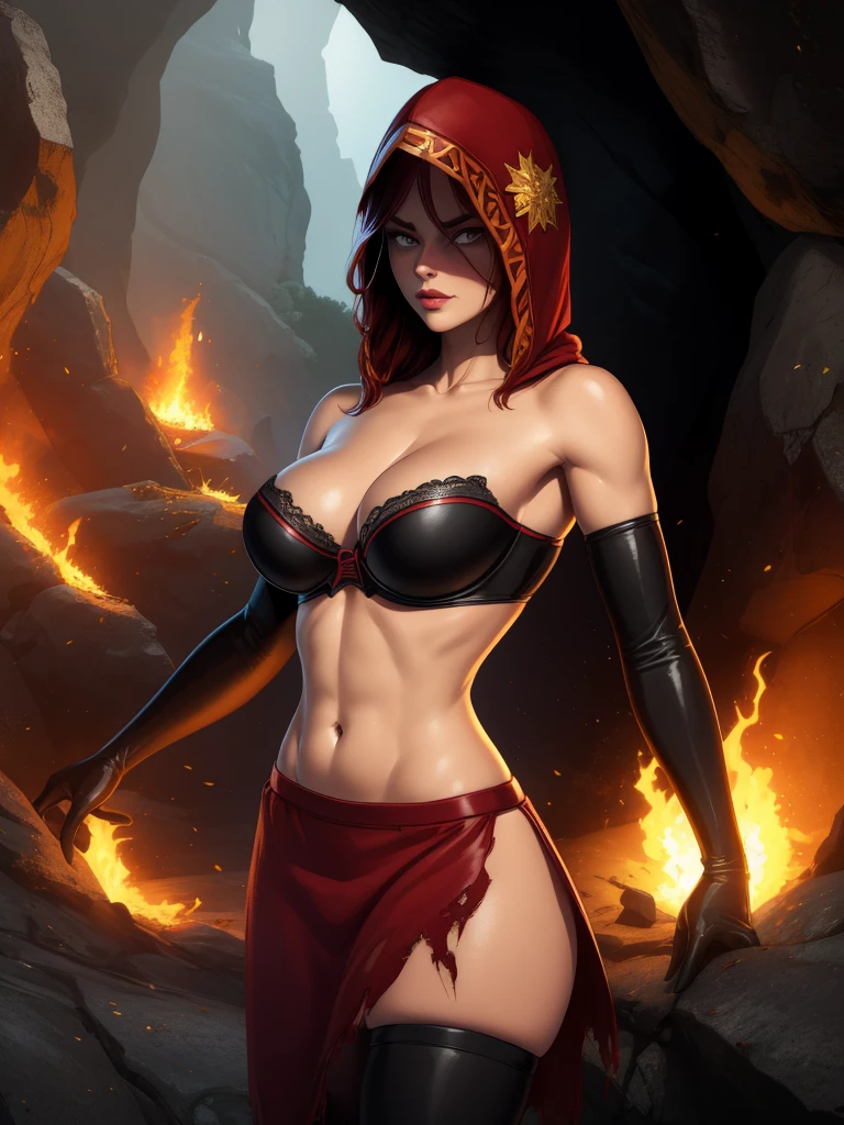 Dsorceress, redhair, shadowy face,dark cave, fire, hood, shadowed face, strapless bra, slim and athletic body, miniskirt, no panty, elbow gloves, dark skin, 1 girl (insanely detailed, masterpiece, best quality)