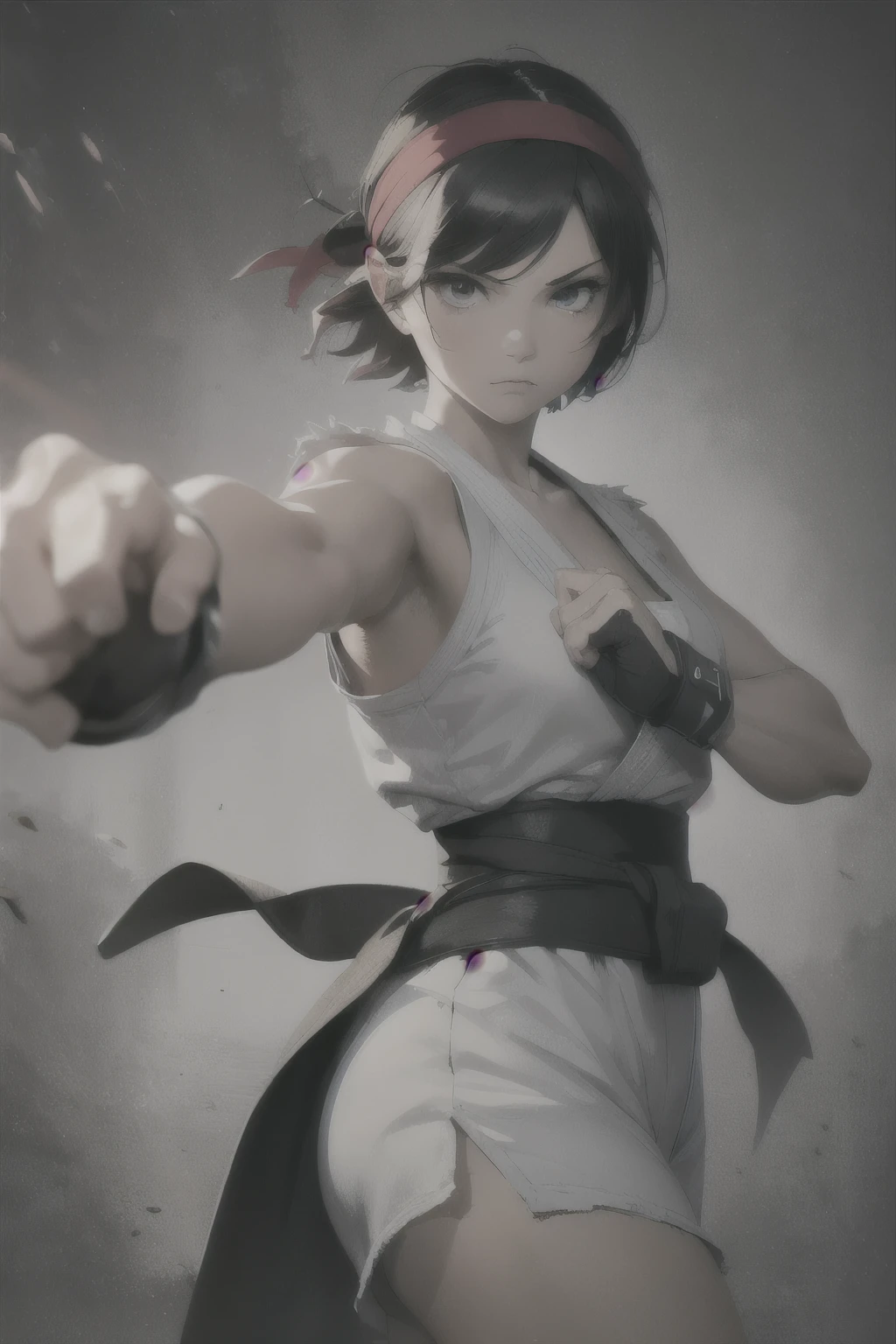 (masterpiece, best quality:1.2), expressive eyes, perfect face, highres, 1girl, solo, ryu, (female:1.5), black hair, short hair, dougi , fingerless gloves, headband, fighting pose, portrait, looking at the viewer, cowboy shot, fullbody shot, sfw