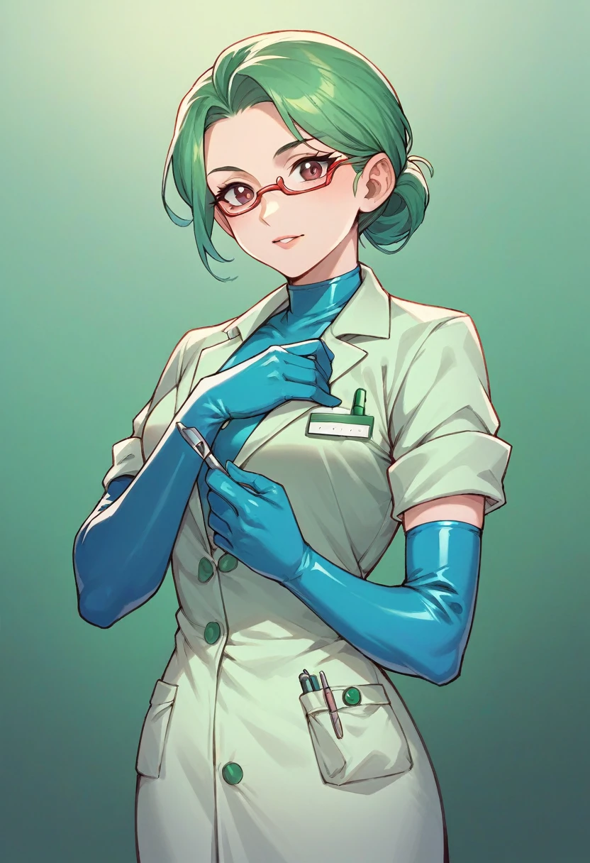 1girl, ((blue elbow gloves)), ((surgical gloves)), ((latex gloves)), ((long sleeves)) ((green surgeon outfit)), looking at viewer, ((green doctor outfit)), standing, solo