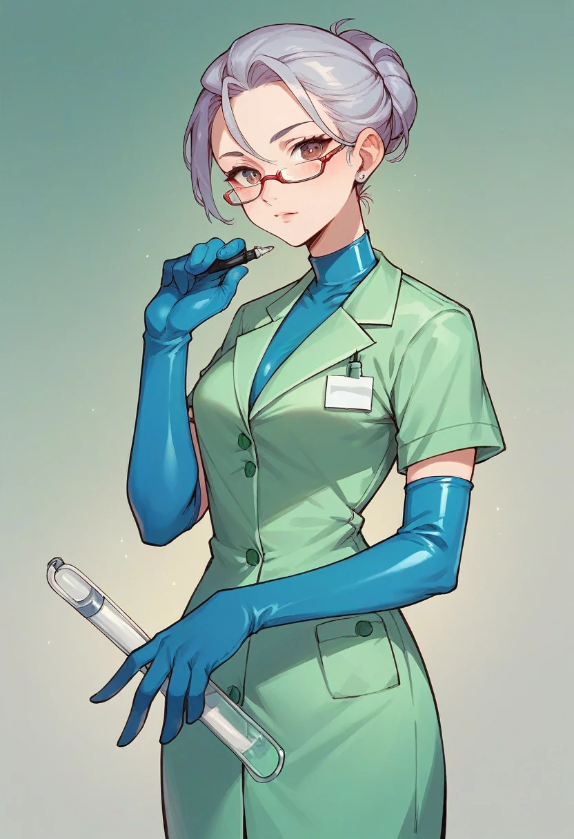 1girl, ((blue elbow gloves)), ((surgical gloves)), ((latex gloves)), ((long sleeves)) ((green surgeon outfit)), looking at viewer, ((green doctor outfit)), standing, solo