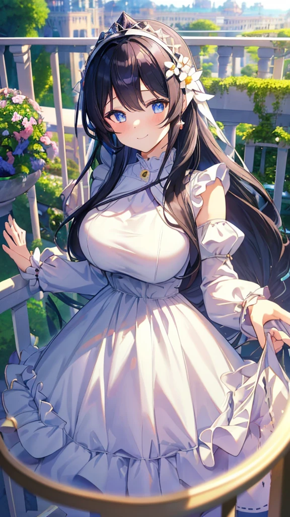 best quality, extremely detailed,anime style girl,long hair down to the waist, straight hair, ((dark black hair with bluish)),braid,beautiful detailed eyes, pinched eyes, (dark blue eyes),huge breasts,curvy,((((white main western cutie brightly colored princess dress)))),clothing with complex patterns,hair ornament,smile,((((balcony in garden)))),((((pov))))