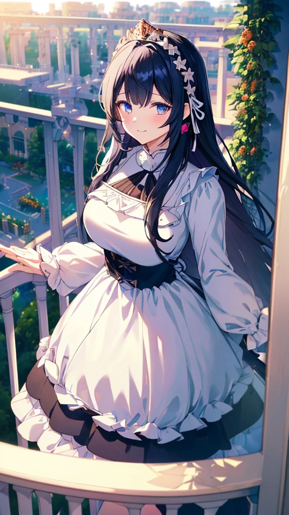 best quality, extremely detailed,anime style girl,long hair down to the waist, straight hair, ((dark black hair with bluish)),braid,beautiful detailed eyes, pinched eyes, (dark blue eyes),huge breasts,curvy,((((white main western cutie brightly colored princess dress)))),clothing with complex patterns,hair ornament,smile,((((balcony in garden)))),((((pov))))