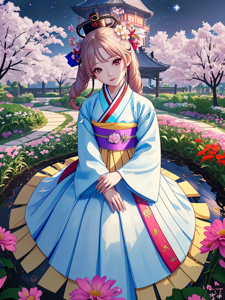 best quality, highly_resolution, Distinguishable_image, detailed background ,Girl, Hanbok,flower,garden,Mond, natta,dutch angle, wide angle shot, crown,