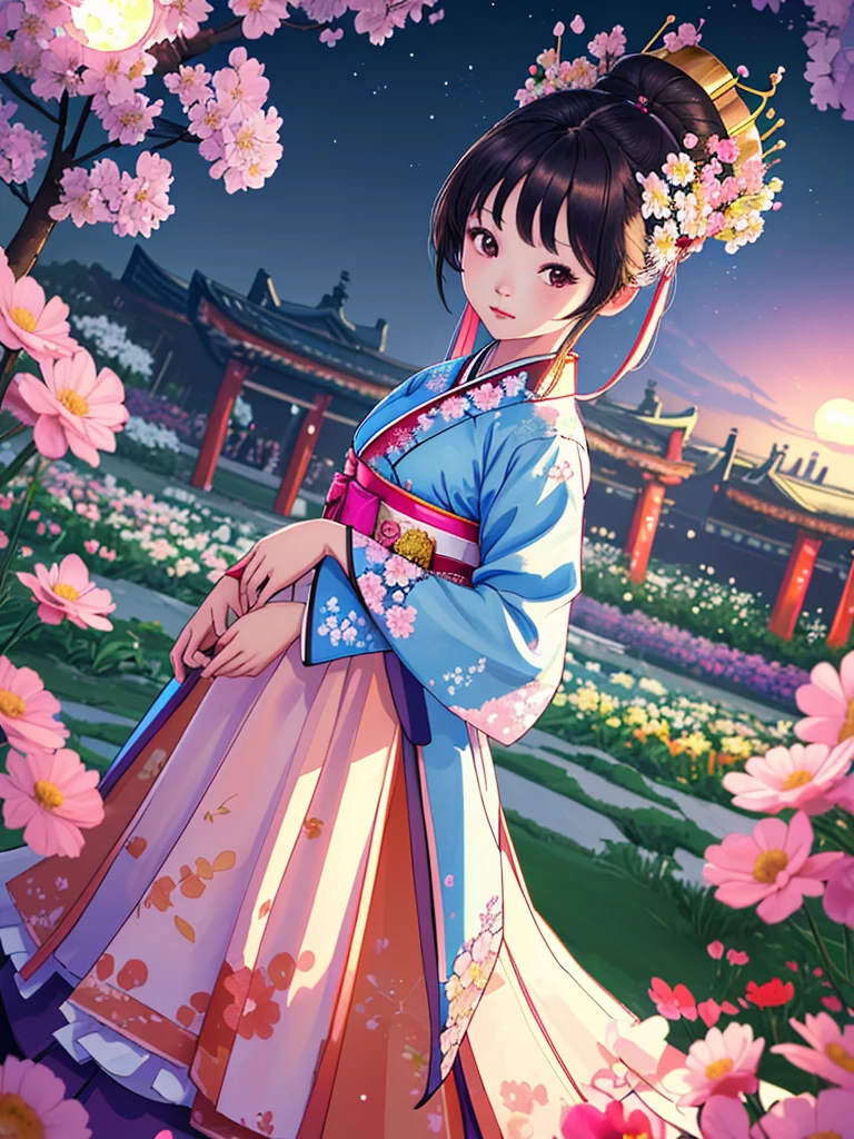 best quality, highly_resolution, Distinguishable_image, detailed background ,Girl, Hanbok,flower,garden,Mond, natta,dutch angle, wide angle shot, crown,