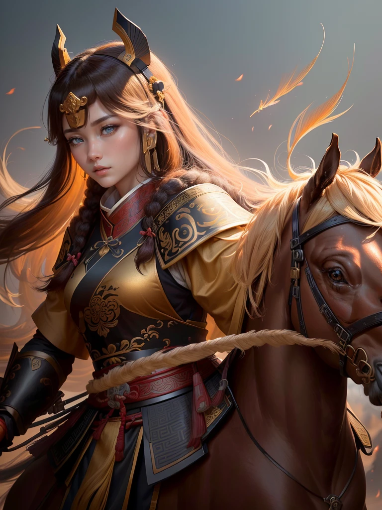 a close up of a woman with a bow and a bow on a horse, mongol, guan yu, genghis khan, inspired by Hu Zaobin, chinese warrior, zhao yun, photo of genghis khan, bian lian, inspired by Wu Bin, inspired by Huang Shen, inspired by Cao Zhibai, feng shu, chinese three kingdoms, yang qi, Highly detailed CG unit 8k wallpaper, masterpiece, High resolution, highest quality, highest quality real texture skin, Super Real, Digital Painting, Best image quality, 最High resolution, 8k, (((Highly detailed eyes and face, Beautiful eyes every detail))), profile, light brown hair,